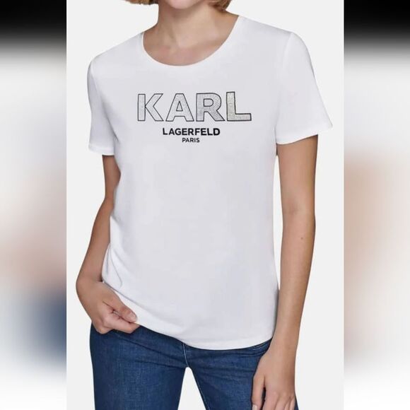 Karl Lagerfeld Paris Embellished Logo Tshirt sz XS - Picture 1 of 14